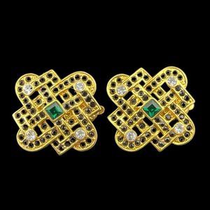 Vintage Geometric Rhinestone Clip On Earrings Gold Tone
